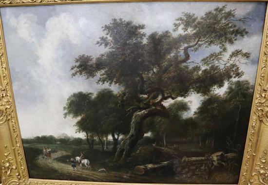 Early 18th century English School, oil on canvas, Landscape with travellers passing woodland, 65 x 84cm